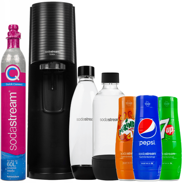 Saturator SodaStream Terra Black jedna butelka + Butelka SodaStream Czarna (dek) + pepsi + mirinda + 7up