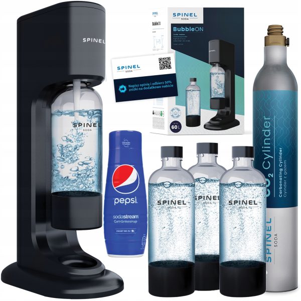 Saturator Spinel Soda BubbleON z trzema butelkami + Syrop SodaStream Pepsi