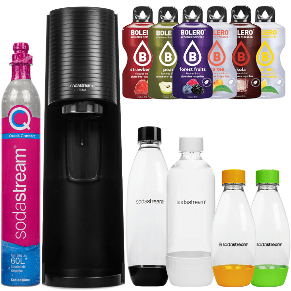 Saturator SodaStream Terra Black jedna butelka + Pet Biała 1 litr (dek) + PET 0,5 L zielona+pomarańczowa Dwupak