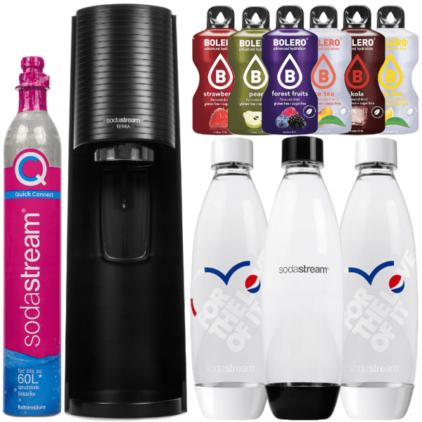 Saturator SodaStream Terra Black jedna butelka + 2 Butelka do Saturatora Sodastream Fuse Biała Pepsi (dek) + bolero