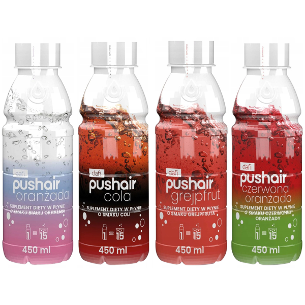 PUSHAIR Suplement diety Syrop Cola + PUSHAIR Suplement diety Syrop Grejpfrutowy  + Suplement diety Syrop Czerwona Oranżada + Suplement diety Syrop Biała Oranżada 450ml