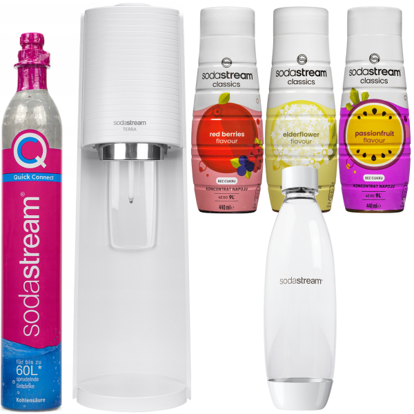 Saturator SodaStream Terra White + jedna butelka + Syrop Red Berries Zero 440ml + Elderflower Zero 440ml + Passionfruit Zero 440ml