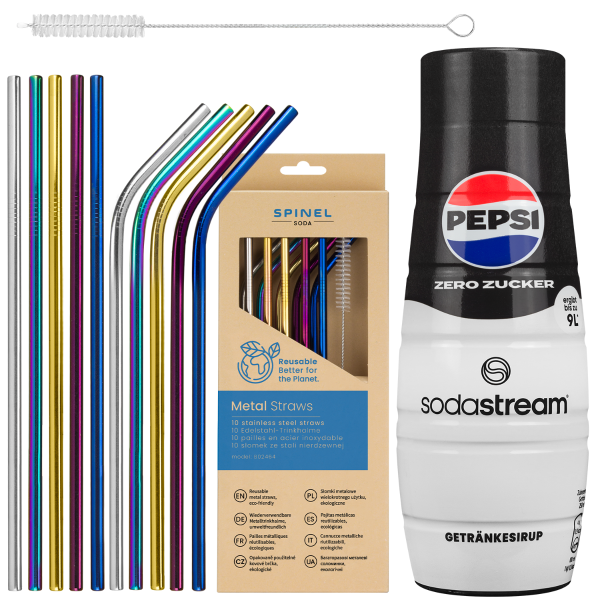 Syrop do SodaStream Pepsi Max + Metalowe słomki SpinelSoda x10