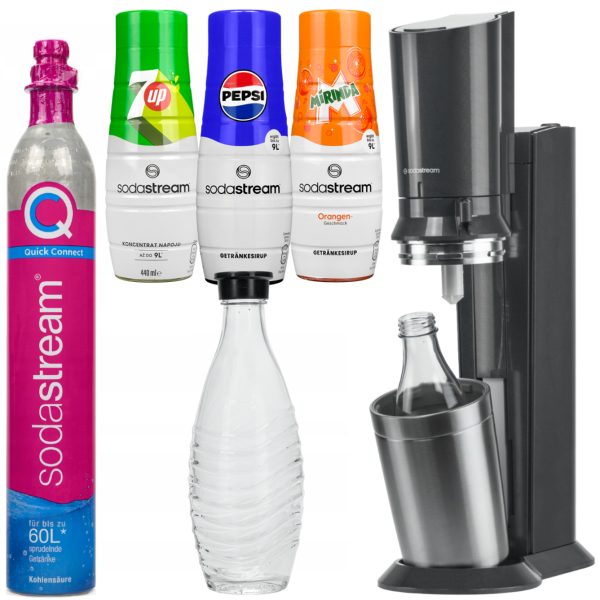 Saturator SodaStream Crystal 3.0 QuickConnect Czarny Jedna Butelka + Syrop do Sodastream Pepsi, Mirinda, 7UP