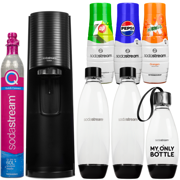 Saturator SodaStream Terra Black Z 3 butelkami + syropy Pepsi, Mirinda, 7 Up
