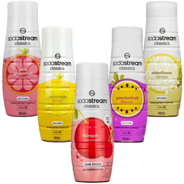 5x Syrop do SodaStream 440ml -  Pink Grejpfruit Zero, Lemon Zero, Wiśnia Bez Cukru, Passionfruit Zero, Elderflower Zero