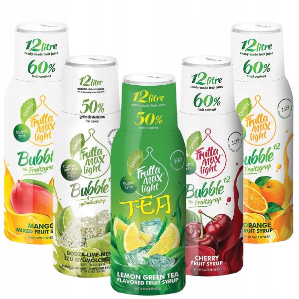 Syrop FruttaMax ICE TEA CYTRYNOWA GREEN Light 500 ml+LIMONKA MIĘTA BEZ LIGHT 500ml+MANGO LIGHT 500ml+POMARAŃCZA LIGHT 500ml+WIŚNIA LIGHT 500 ml