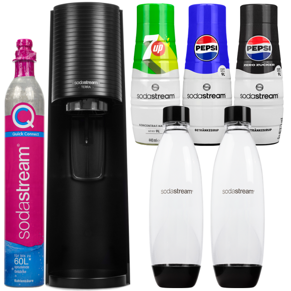 Saturator SodaStream Terra Black + 2 butelki + 3x syrop (Pepsi, 7up, Pepsi Max)