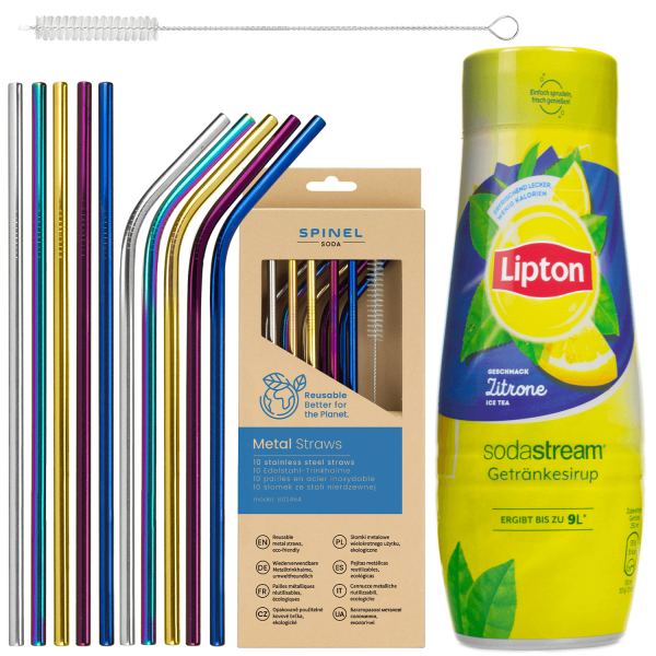 Syrop do SodaStream Lipton Ice Tea Cytryna 440 ml + Metalowe słomki SpinelSoda x10