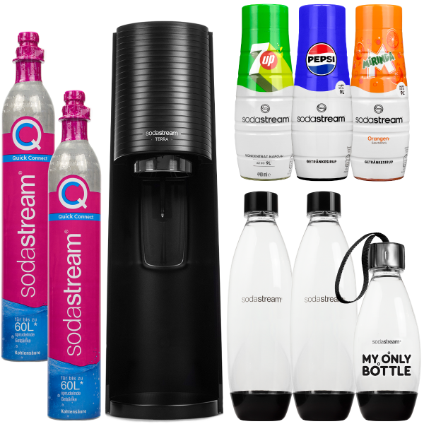 Saturator SodaStream Terra Black + 3 butelki + 3 syropy 7up, pepsi, mirinda + nabój