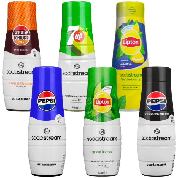 6x Syrop do SodaStream 440ml -  Pepsi, Pepsi Max Bez Cukru, 7UP,  Schwip Schwap Bez Cukru, Lipton Ice Tea Zielona Herbata z cytrusami, Lipton Ice Tea Cytryna