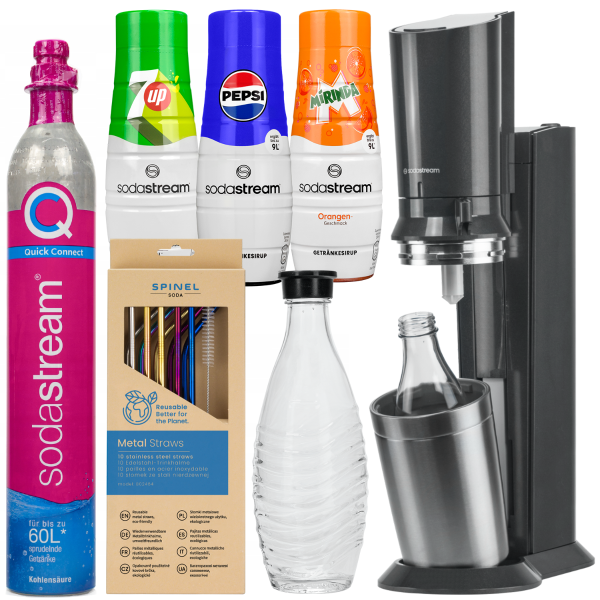 Saturator SodaStream Crystal 3.0 QuickConnect Czarny Jedna Butelka + Syrop do Sodastream Pepsi, Mirinda, 7UP + Metalowe słomki SpinelSoda x10