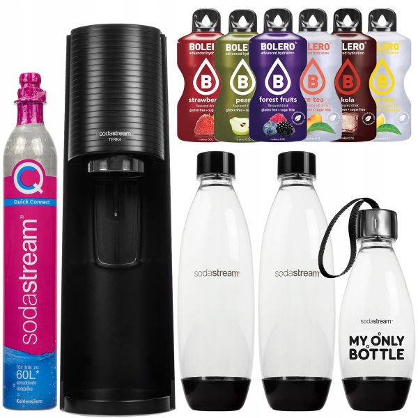Saturator SodaStream Terra Black + 3 butelki + Bolero Sticks Zestaw 6 smaków