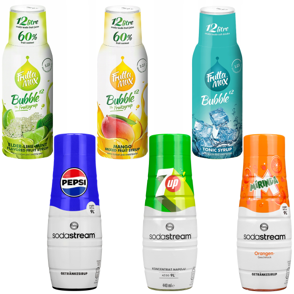 Syrop FruttaMax LIMONKA MIĘTA BEZ 500ml+SodaStream Pepsi+SodaStream Mirinda+FruttaMax TONIC 500 ml+FruttaMax MANGO 500 ml+SodaStream 7UP