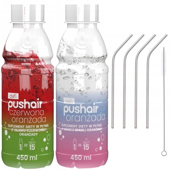 PUSHAIR Suplement diety Syrop Czerwona Oranżada 450ml + Metalowe słomki do napojów stal  4szt + czyścik ACER 25,5cm + PUSHAIR Suplement diety Syrop Biała Oranżada 450ml