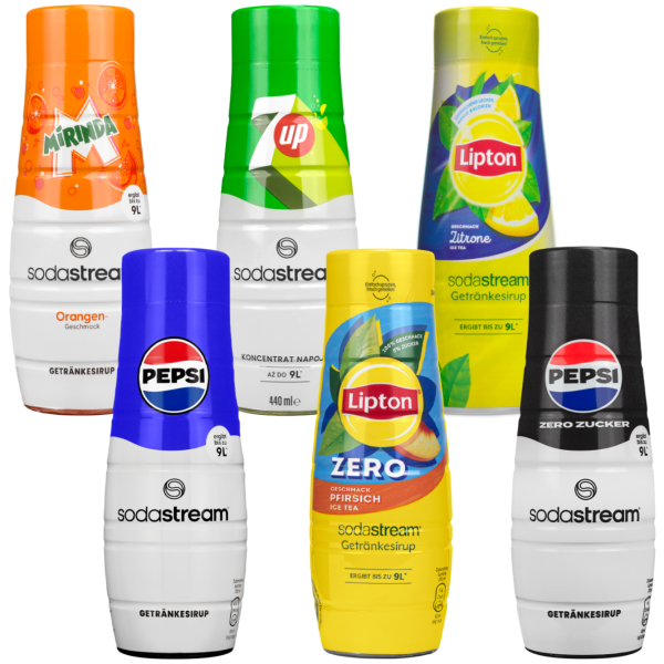 6x Syrop do SodaStream 440ml -  Pepsi, Pepsi Max Bez Cukru 440ml, 7UP Free Zero Cukru, Mirinda, Lipton Ice Tea Brzoskwinia Zero 440ml, Lipton Ice Tea Cytryna 440 ml