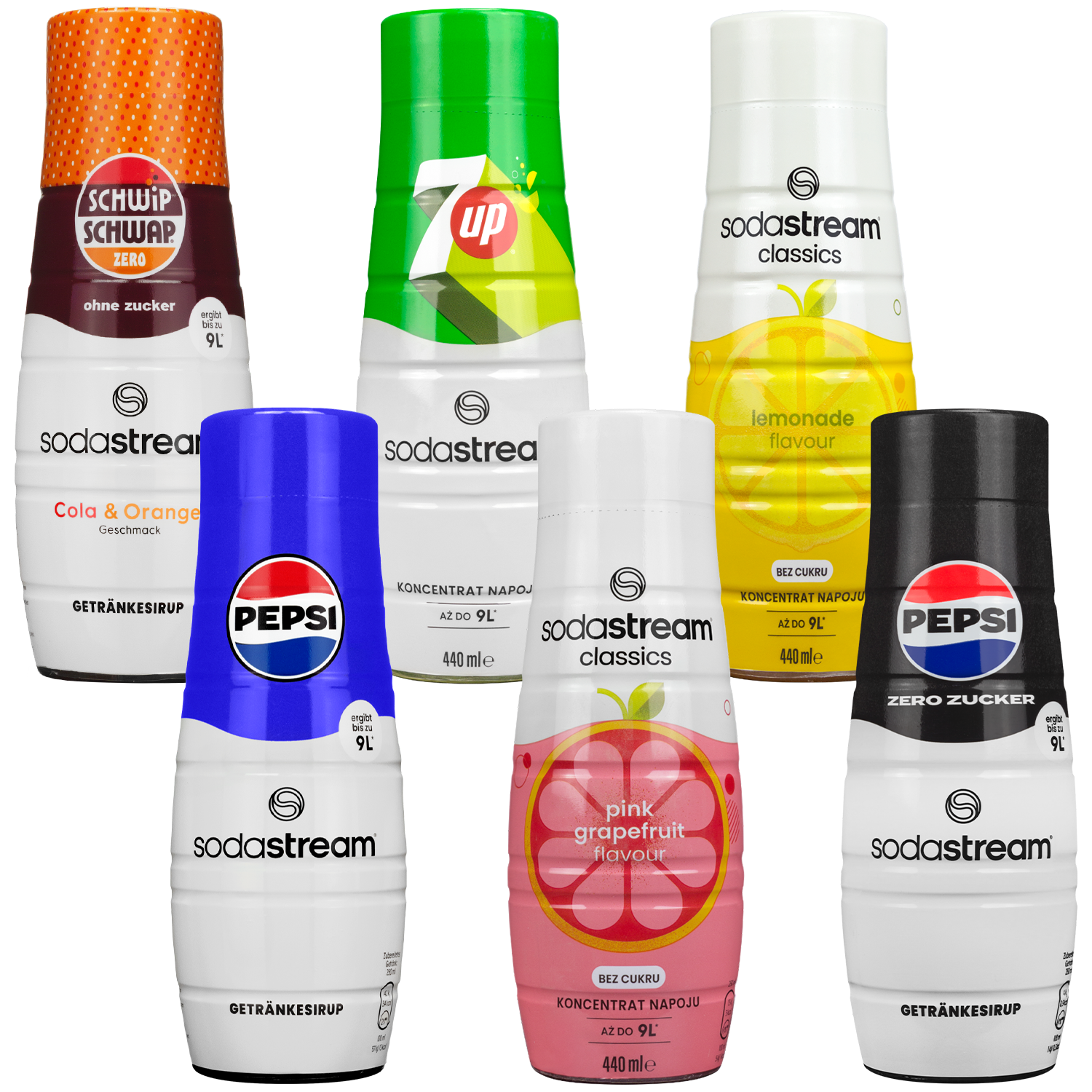 6x Syrop do SodaStream 440ml - Pepsi, Pepsi Max Bez Cukru, 7UP, Schwip Schwap Bez Cukru, Pink Grejpfruit Zero, Lemon Zero