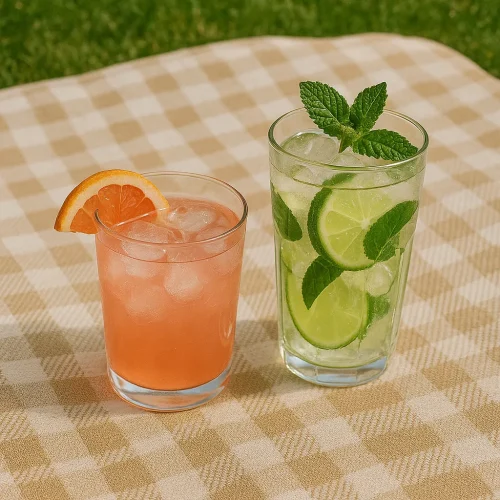 Drinki stojące na kocu piknikowym. DRINKI_NA_GARDEN_PARTY_NA_KOCU_PIKNIKOWYM