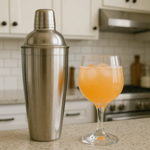 Barmański shaker z domowej roboty drinkiem w domowej kuchni. shaker-barmanski-z-domowym-drinkiem